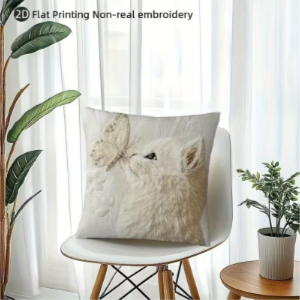 Printed White Cat and Butterfly Pillowcase 45.72x45.72 cm